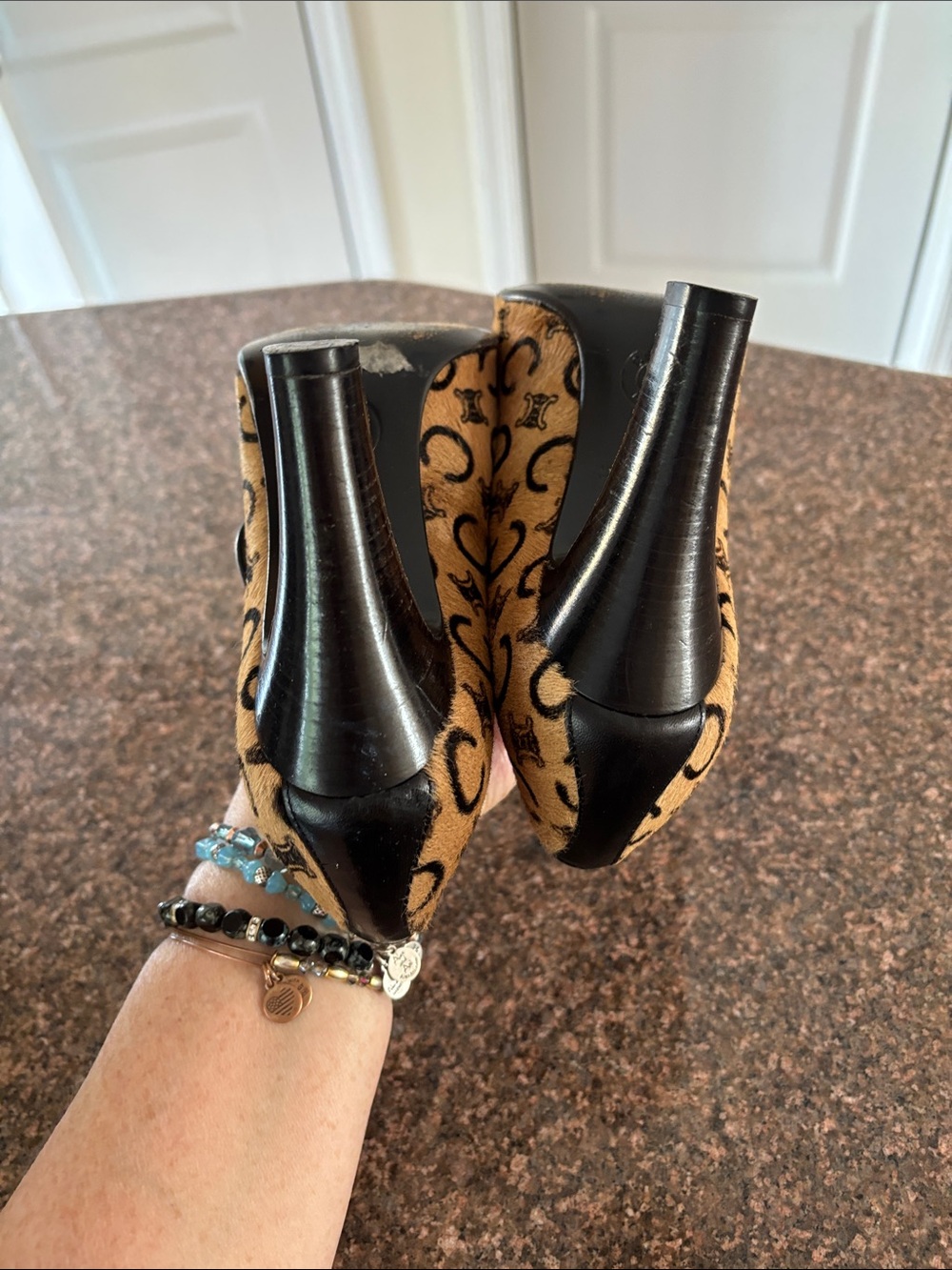 Celine Paris Ladies Tan Logo-Print Pony hair Red Interior Mary Jane Heels-5 - Picture 6 of 9